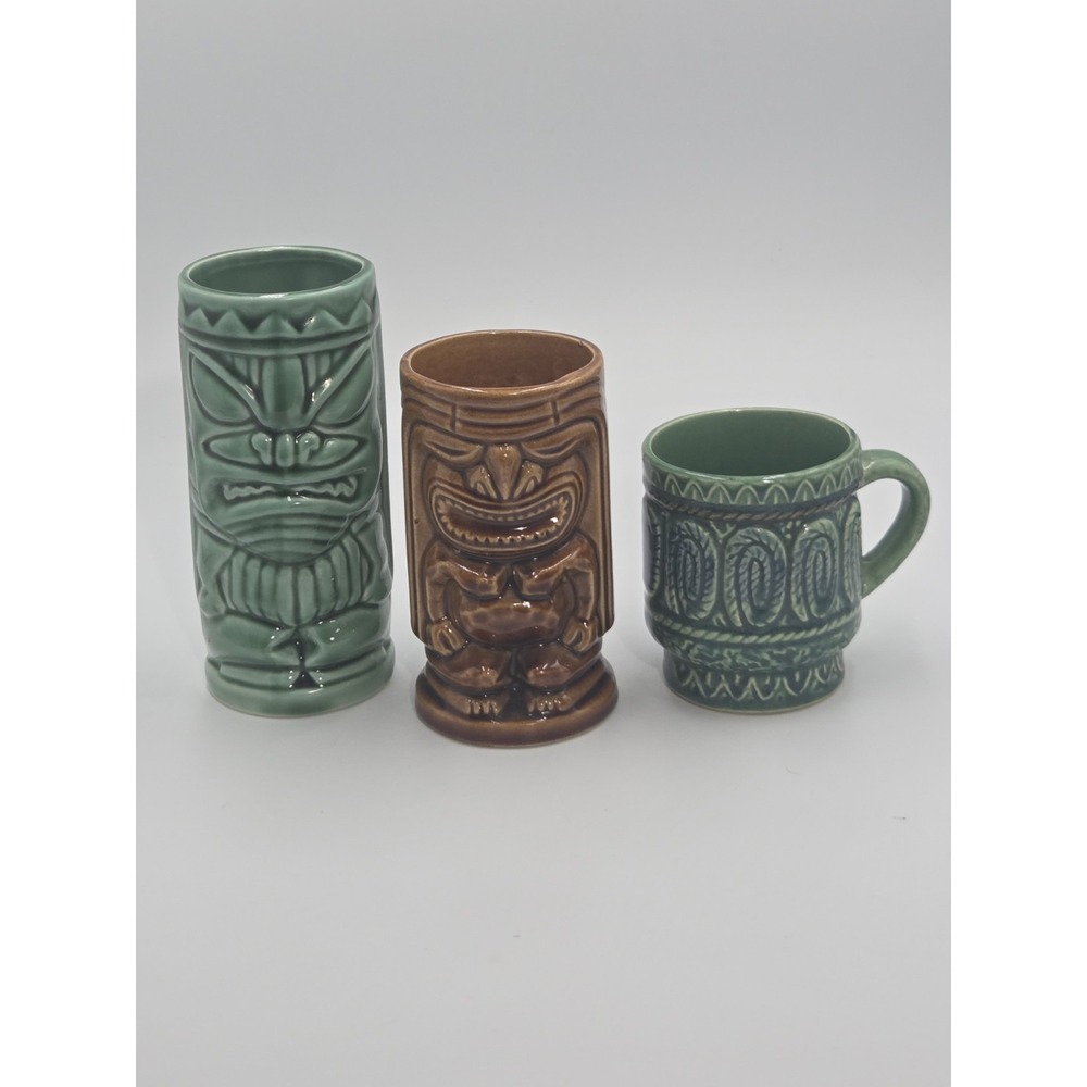 Lot of 3 Vintage Ceramic Tiki Mugs Cups Vase Barware Trader Dicks Brown Green